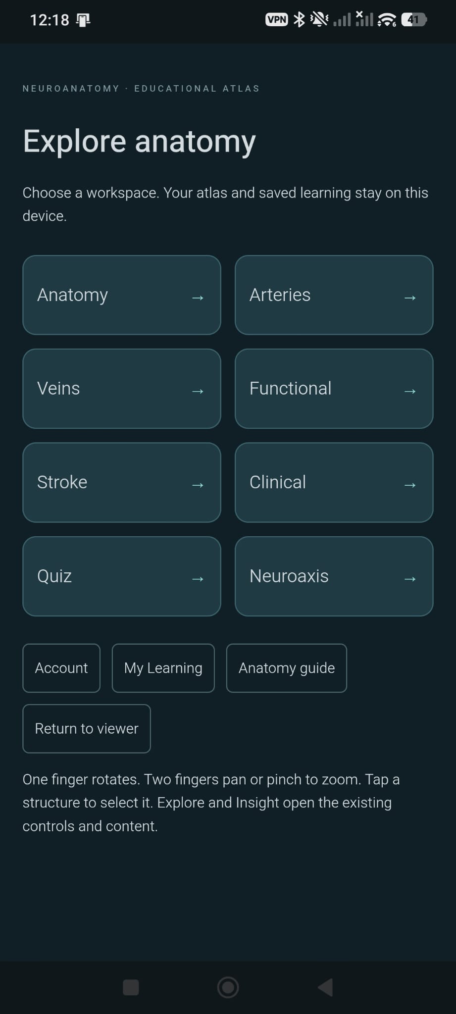 Learning Workspaces — NeuroAnatomy Android screen